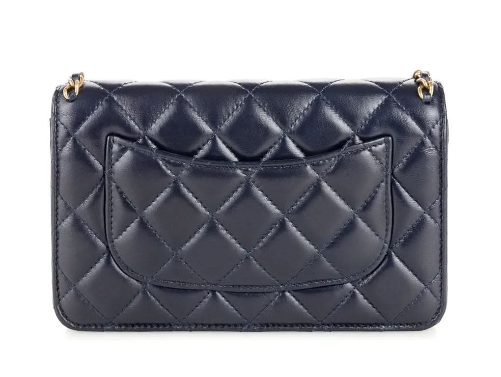 CHANEL Navy Blue Chain Around quilted Lambskin / Gold hardware wallet on a chain