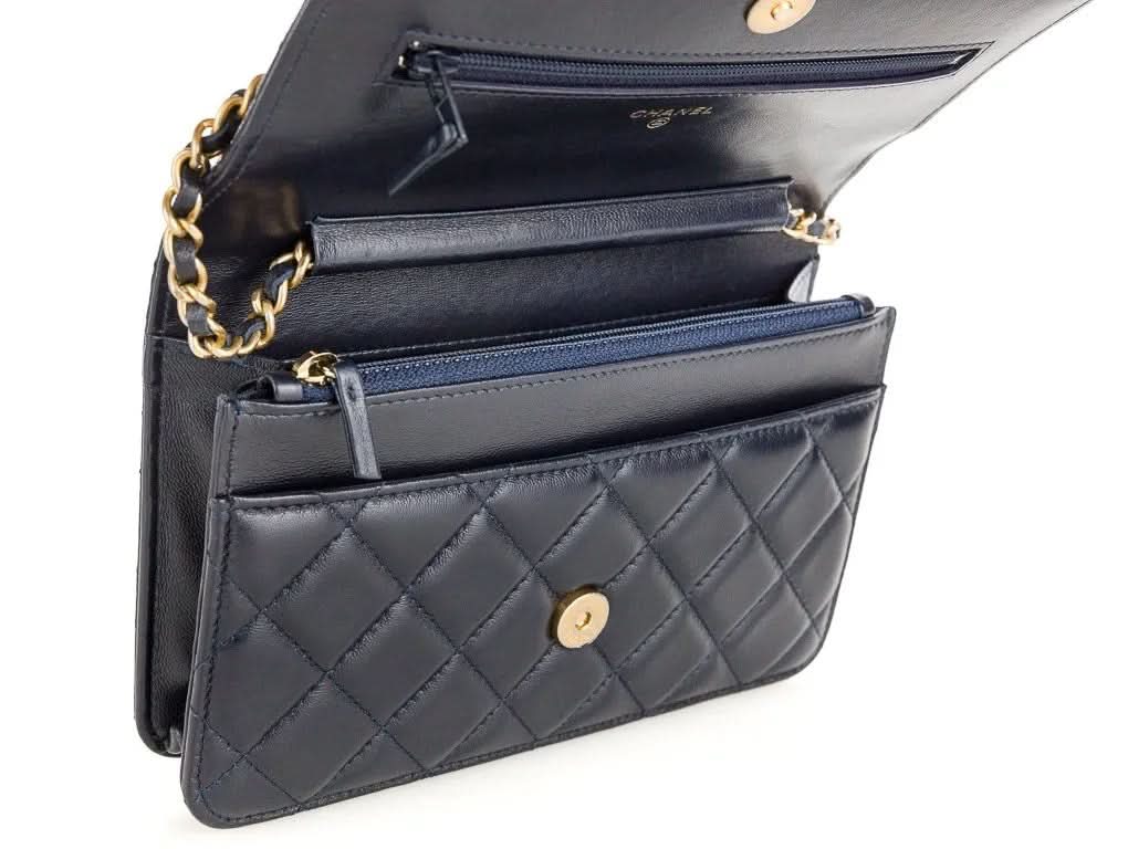 CHANEL Navy Blue Chain Around quilted Lambskin / Gold hardware wallet on a chain