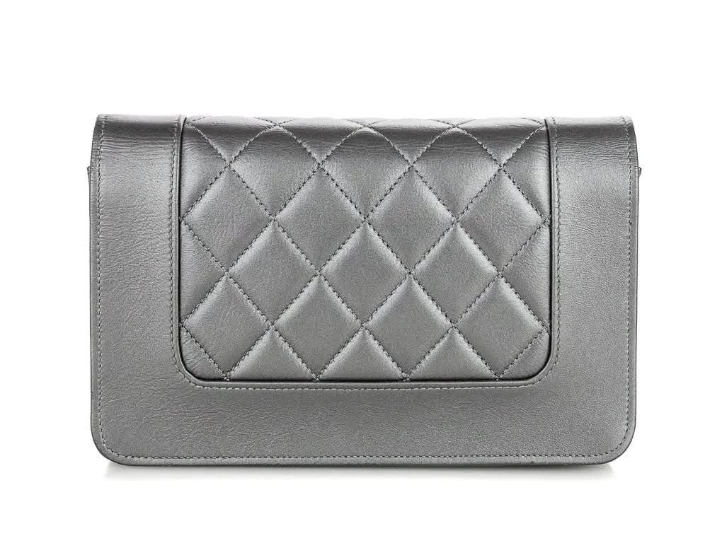 CHANEL METALLIC Grey quilted Lambskin / Silver hardware wallet on a chain from the Paris in Rome Collection,
