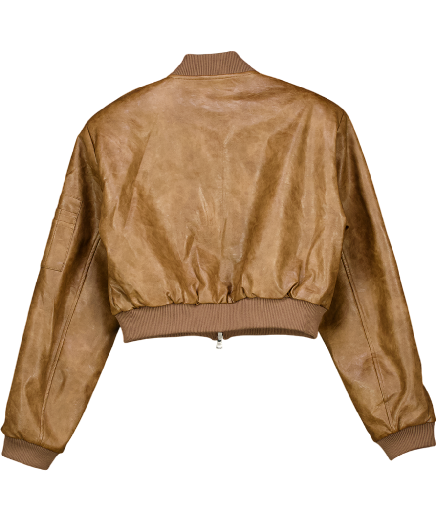 The Couture Club Brown Faux Leather Shoulder Padded Bomber Jacket UK 8