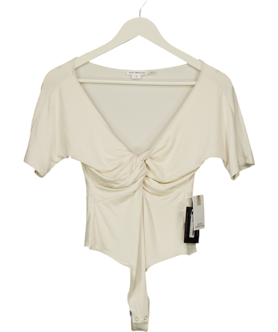 GOOD AMERICAN Cream V-neck Short Sleeve Twist Front Bodysuit UK S
