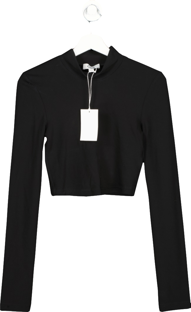 Black Long Sleeve Padded Shoulder Crop Top - Black / XS