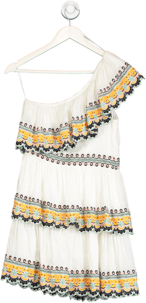 Amur White Tiered One Shoulder Embroidered Mini Dress UK 8