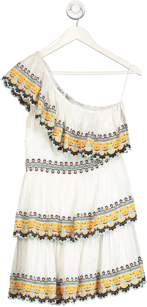 Amur White Tiered One Shoulder Embroidered Mini Dress UK 8
