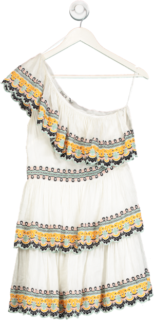 Amur White Tiered One Shoulder Embroidered Mini Dress UK 8