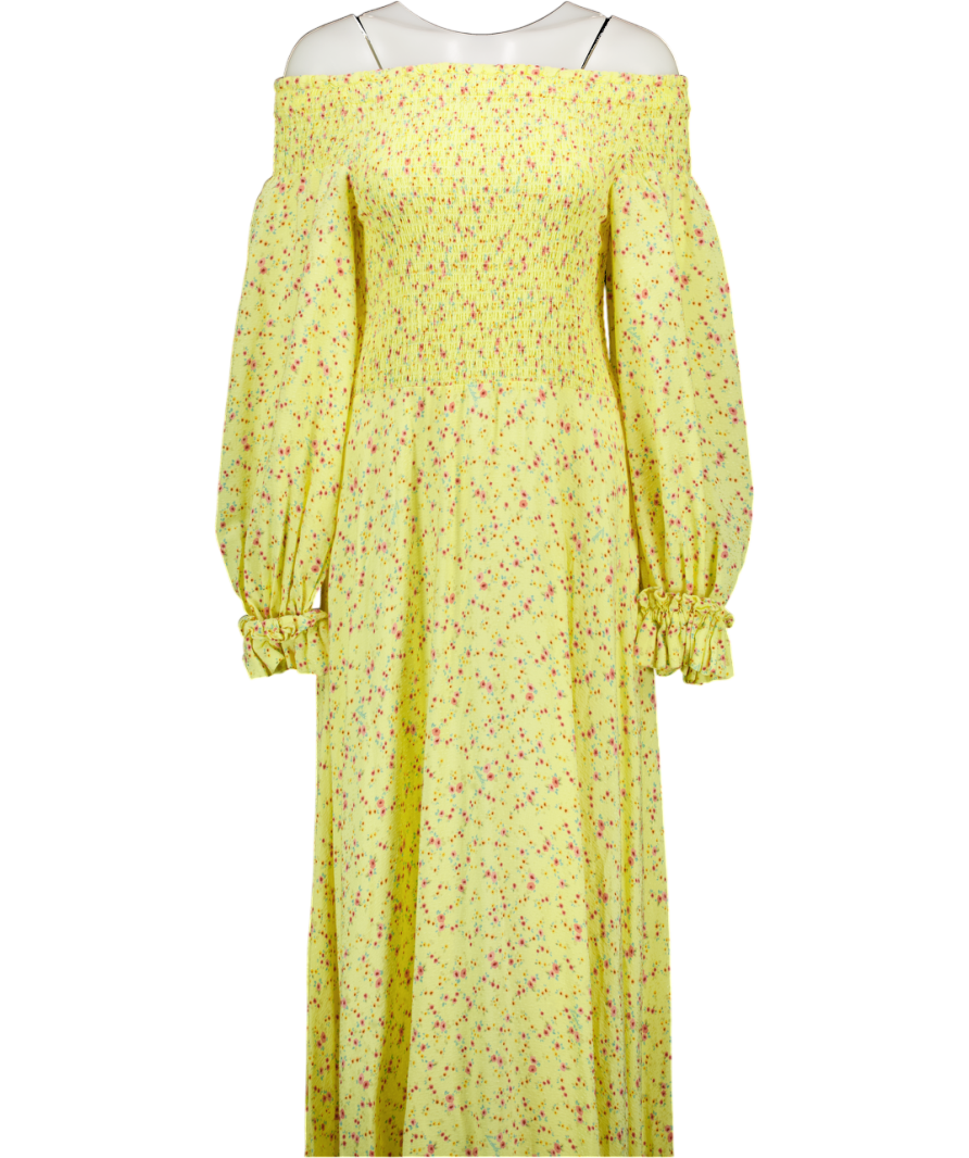 ROTATE BIRGER CHRISTENSEN Lemon Yellow Ditsy Floral Shirred On/ Off The Shoulder Viscose Maxi Dress UK 14
