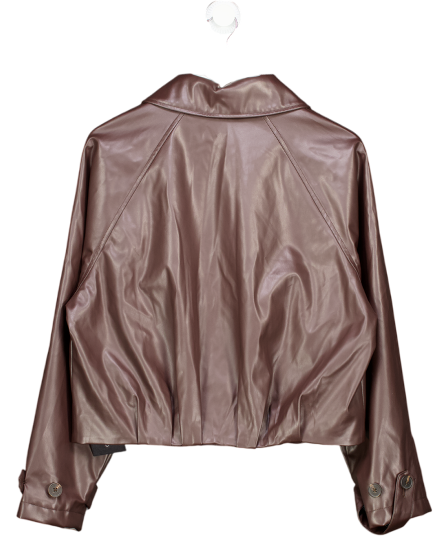 COMMENSE Brown Collared Zip-up Faux Leather Bubble Hem  Jacket UK S