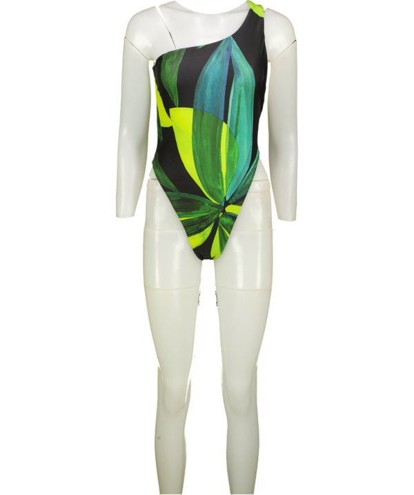 LOUISA BALLOU Black Plunge Printed Onepiece Swimsuit UK L