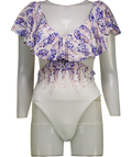 Club L White Wisteria Print Plunge-neck Ruffled Swimsuit UK 6