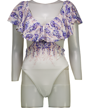 Club L White Wisteria Print Plunge-neck Ruffled Swimsuit UK 6