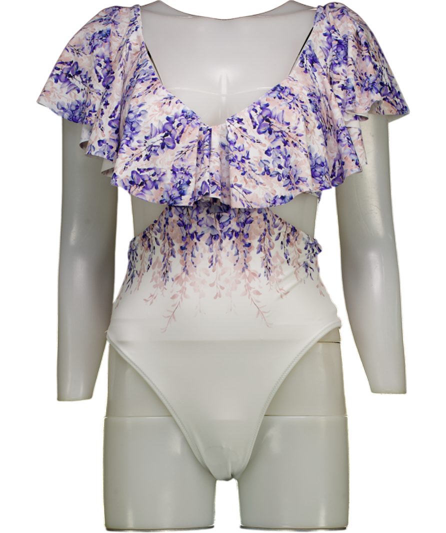 Club L White Wisteria Print Plunge-neck Ruffled Swimsuit UK 6