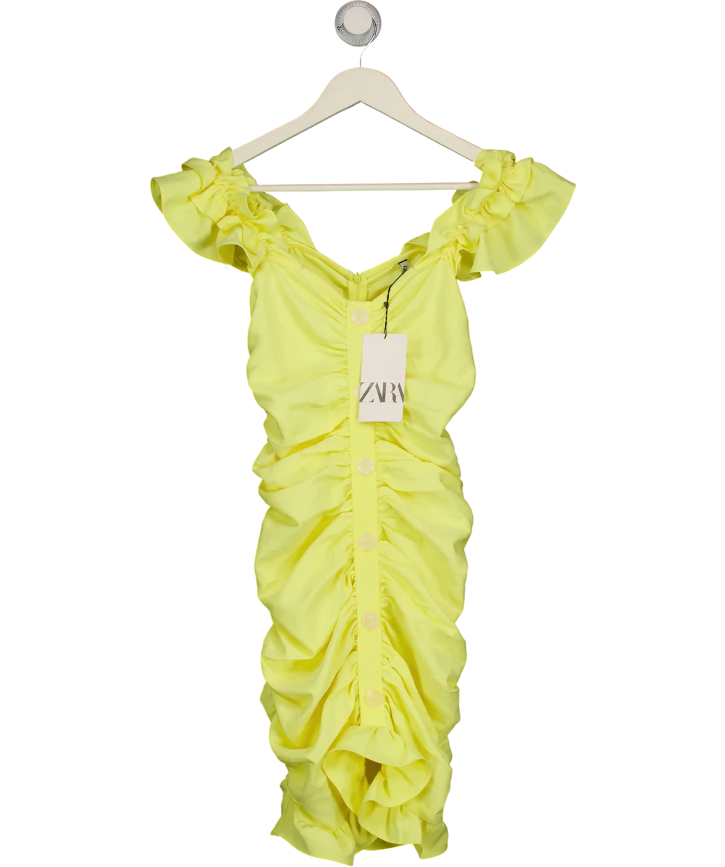 ZARA Yellow Ruched Ruffle Mini Dress Tag UK S
