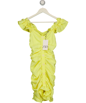 ZARA Yellow Ruched Ruffle Mini Dress Tag UK S