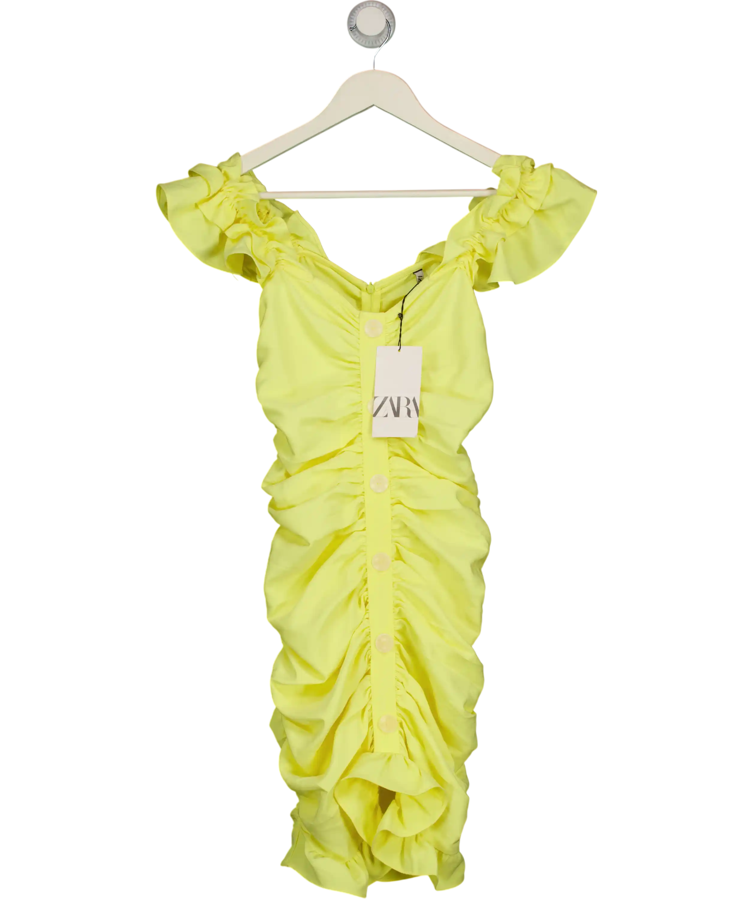 ZARA Yellow Ruched Ruffle Mini Dress Tag UK S