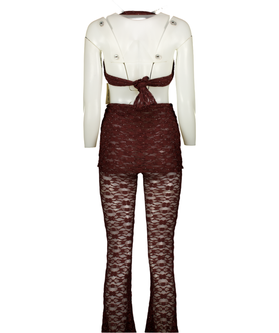 LUANA THE LABEL Chocolate Brown 2-piece Mesh Lace Top And Trouser Set UK S