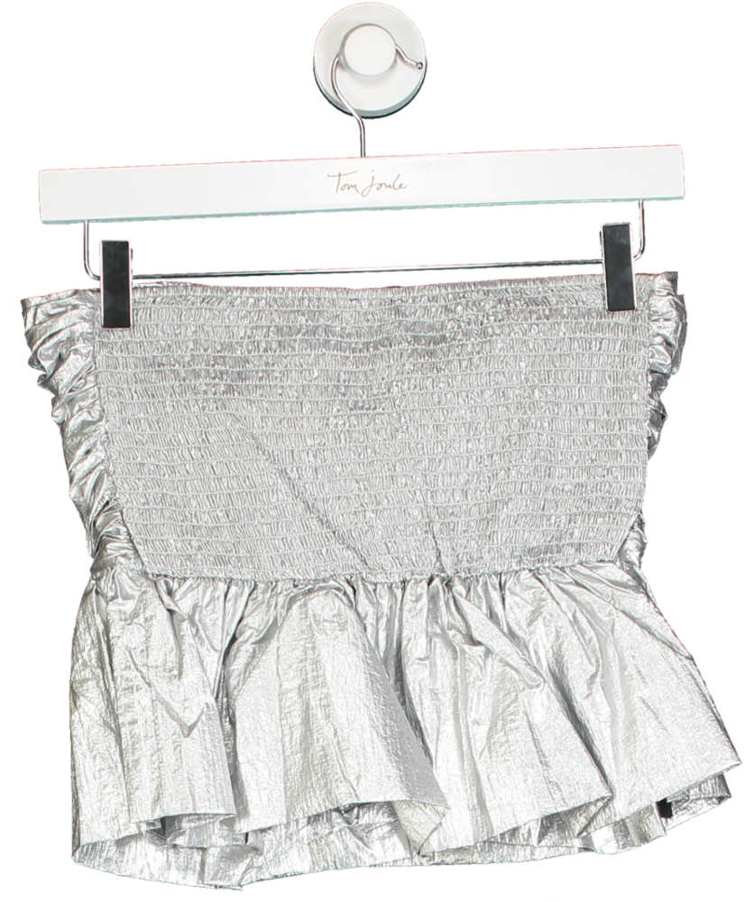 MANGO Metallic Silver Ruched Bandeau Top UK S