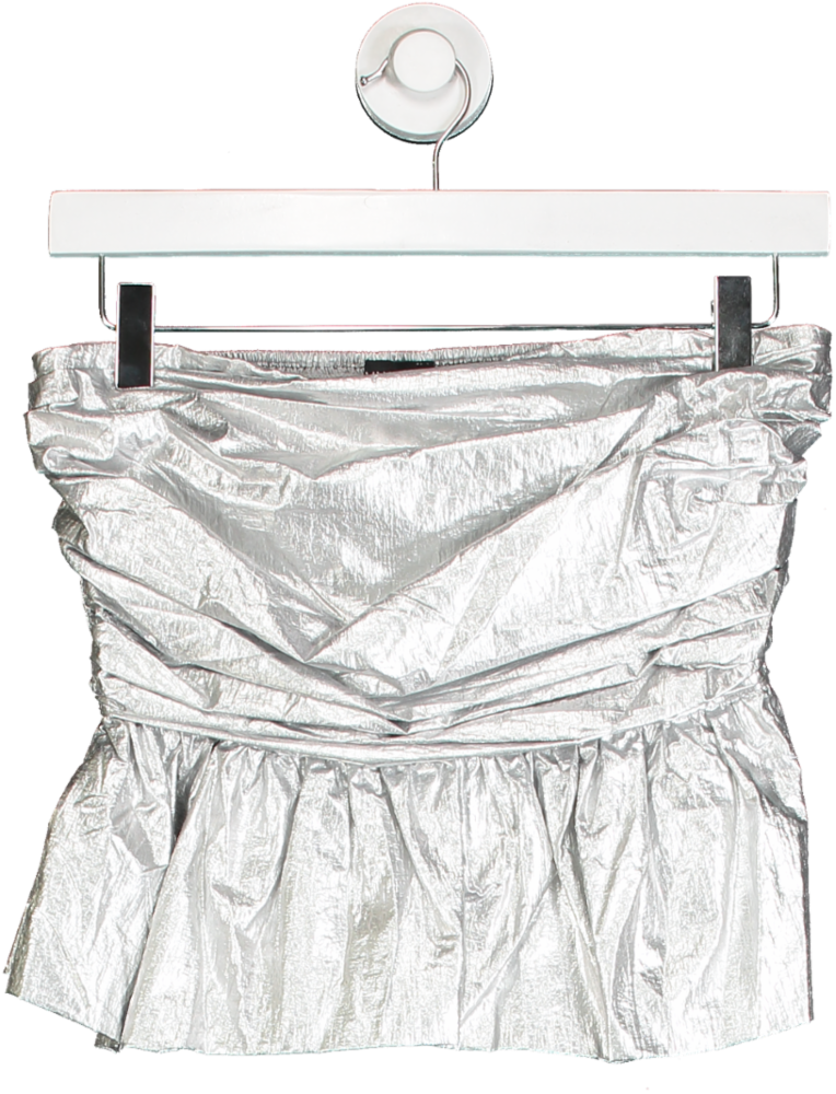 MANGO Metallic Silver Ruched Bandeau Top UK S