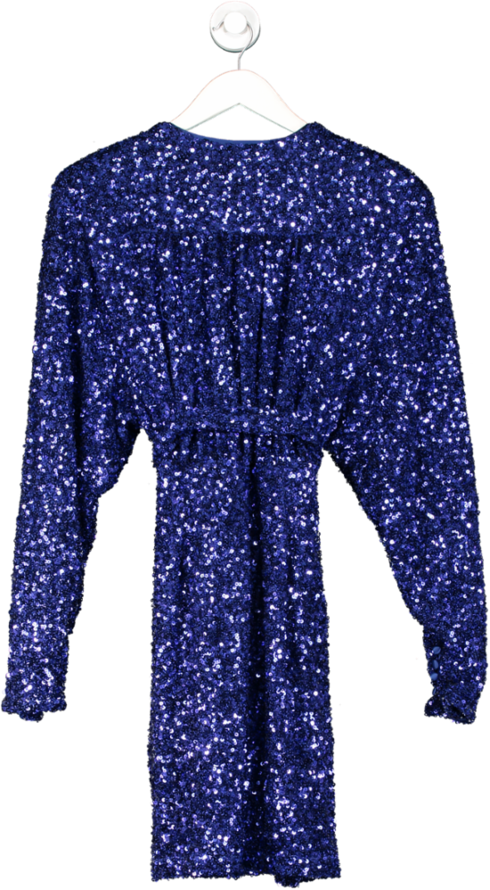 ROTATE Birger Christensen Blue Sequin Wide Shoulder Wrap Dress UK 10