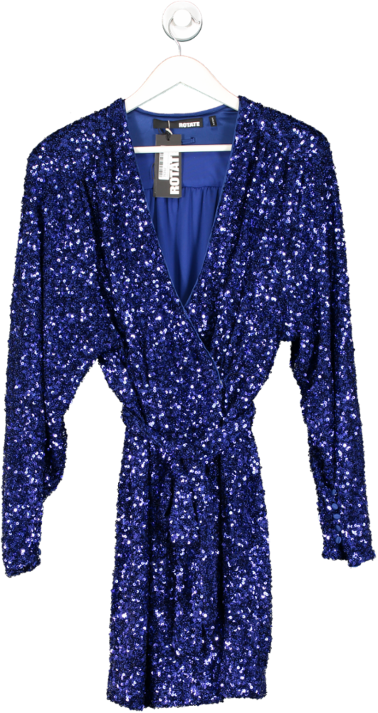 ROTATE Birger Christensen Blue Sequin Wide Shoulder Wrap Dress UK 10