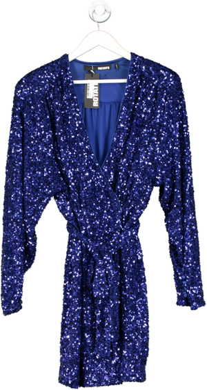 ROTATE Birger Christensen Blue Sequin Wide Shoulder Wrap Dress UK 10