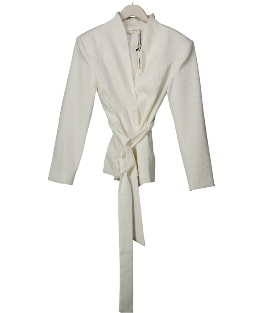 commense White Stand Collar Belted Long Sleeve Blazer UK S