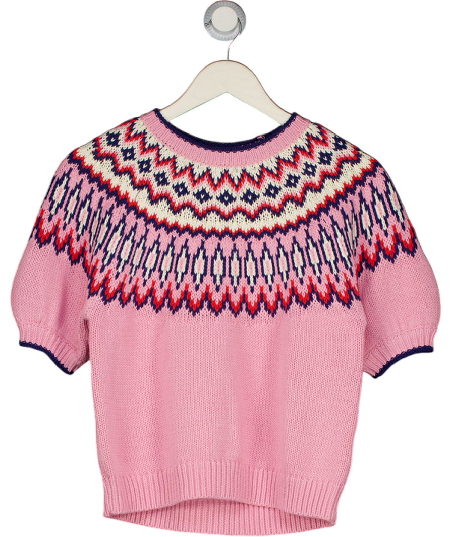 BODEN Cotton Knit Margot Puff Sleeve T-shirt - Almond Pink Fair Isle UK S