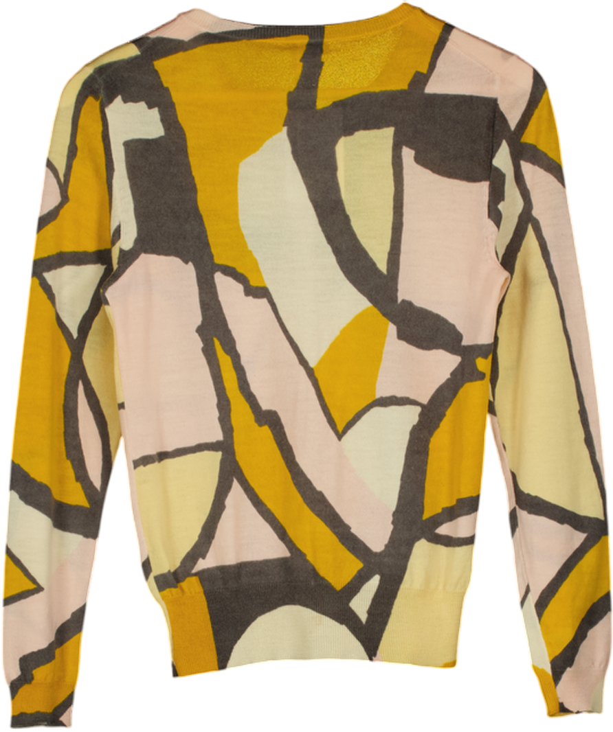 J CREW Yellow Print 100% Merino Wool Fine Knit Cardigan UK M