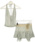 WHITE FOX 2-piece Beige Dancing In Circles  Bustier Top & Mini Skirt Set Halo Mist UK XS