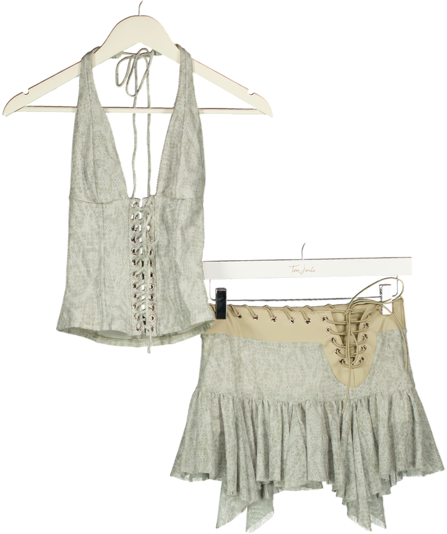 WHITE FOX 2-piece Beige Dancing In Circles  Bustier Top & Mini Skirt Set Halo Mist UK XS