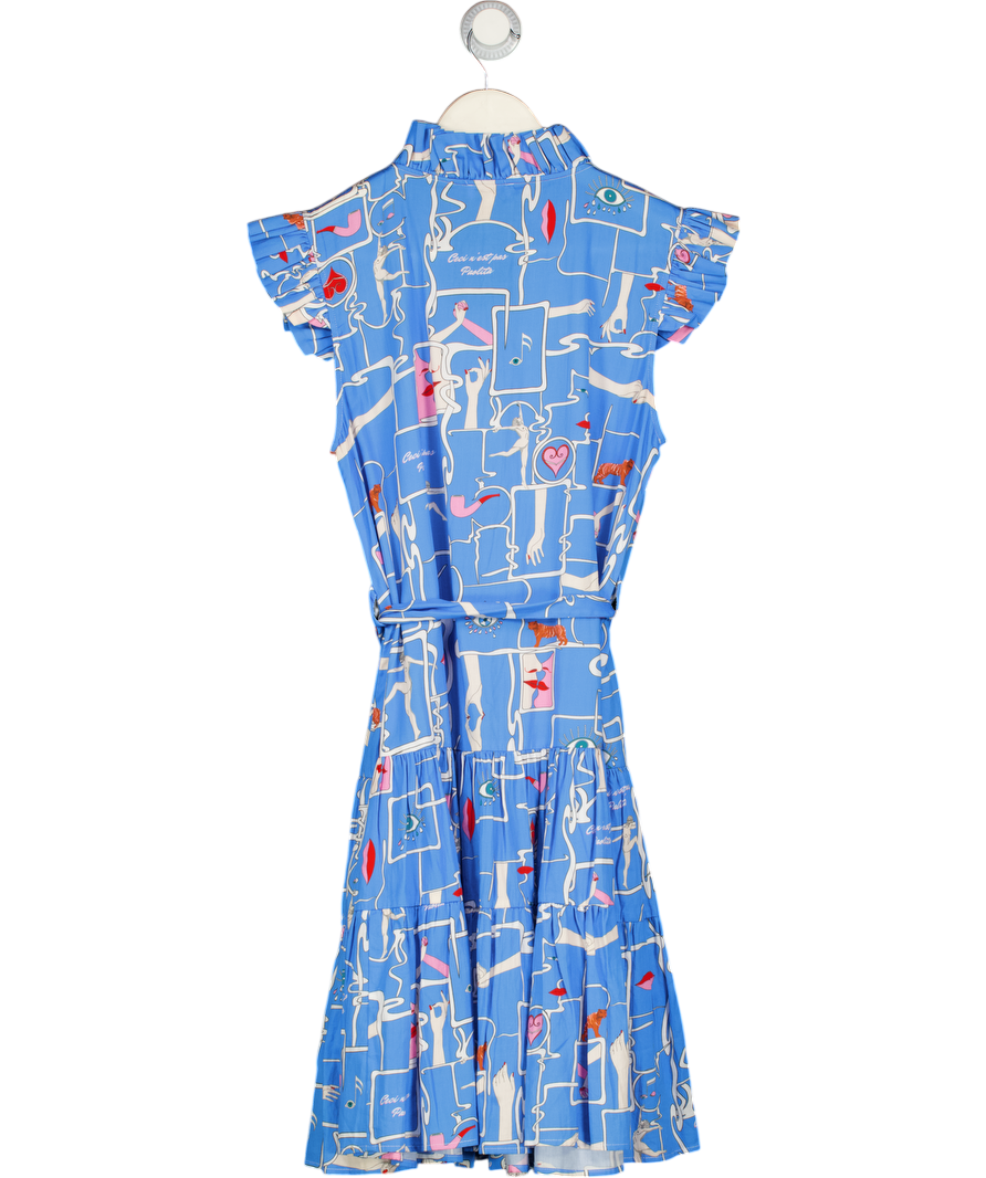 PAOLITA Blue Smoke & Mirrors Printed Ruffle Sleeve Tiered Mini Dress UK S