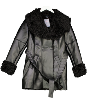 Karen Millen Black Faux Long Fur Belted Cuff And Collar Coat UK 10