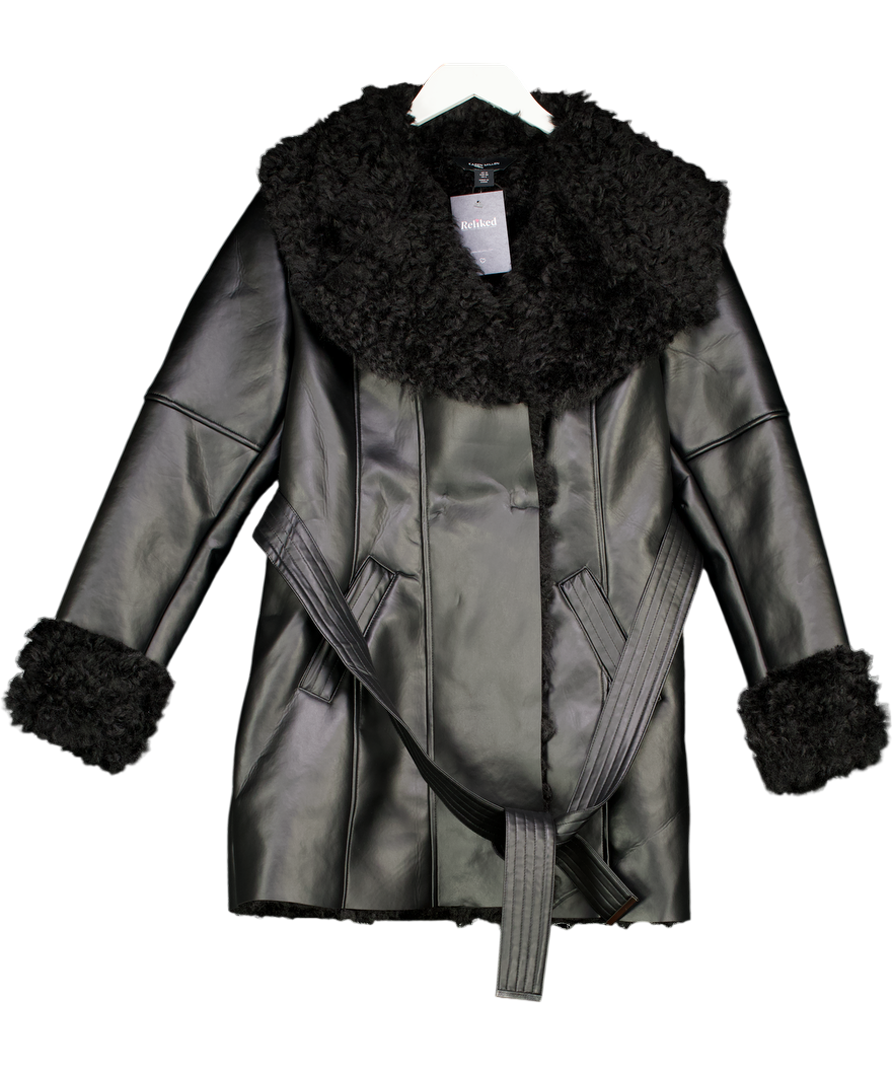 Karen Millen Black Faux Long Fur Belted Cuff And Collar Coat UK 10