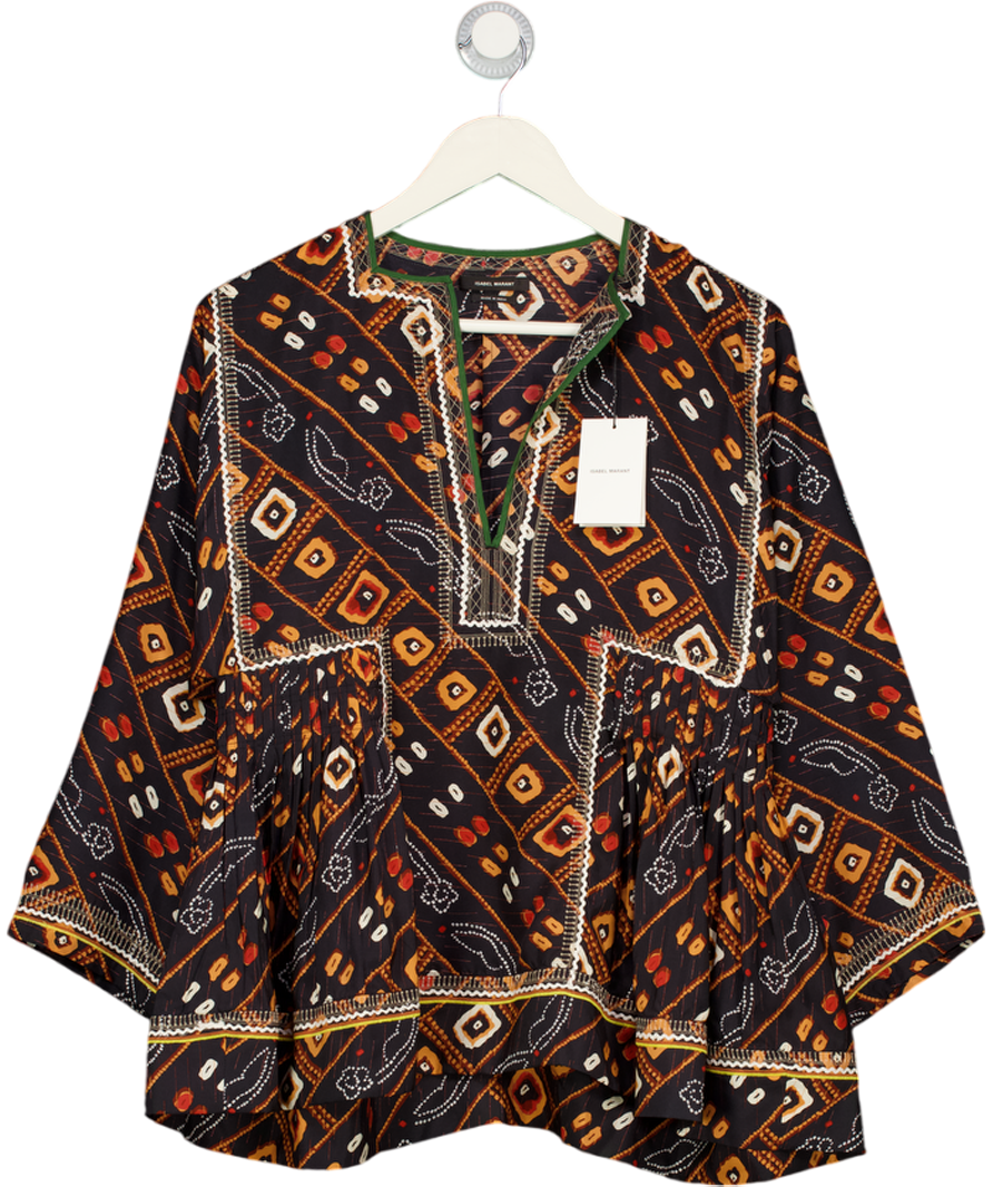 ISABEL MARANT Black 100% Silk Printed Notch Neck Top Fr38 UK 10