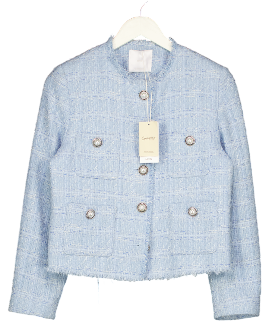 MANGO Blue Tweed Jacket With Pearl Button Detail UK M