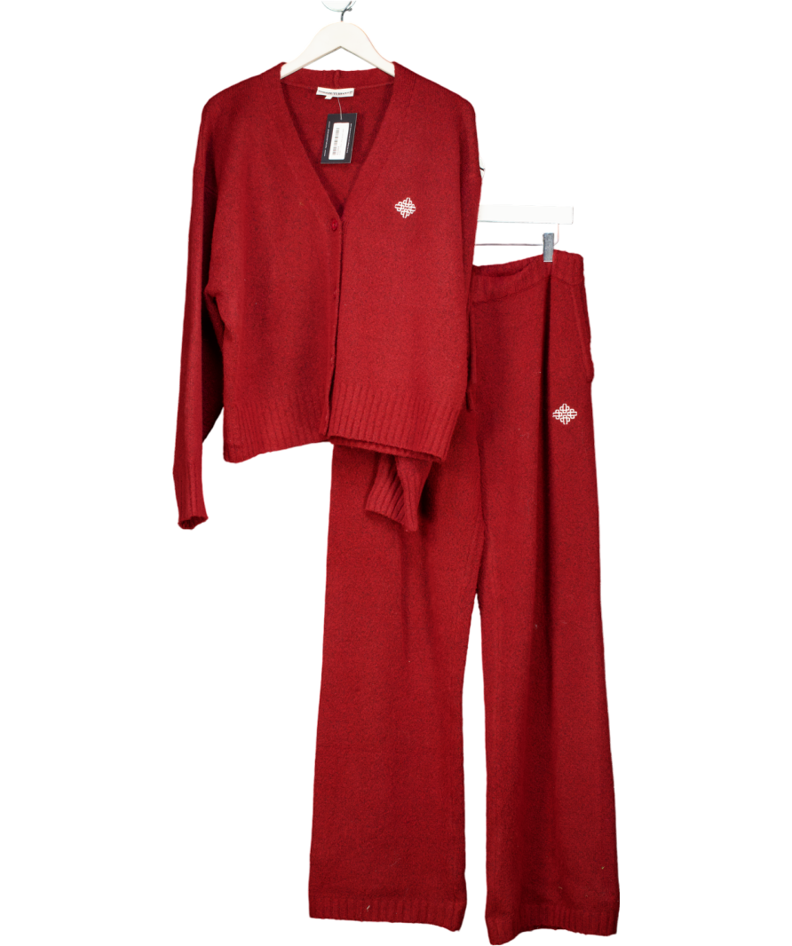 The Couture Club 2-piece Burgundy Red Knitted Logo Cardigan And Straight Leg Trouser Set UK M