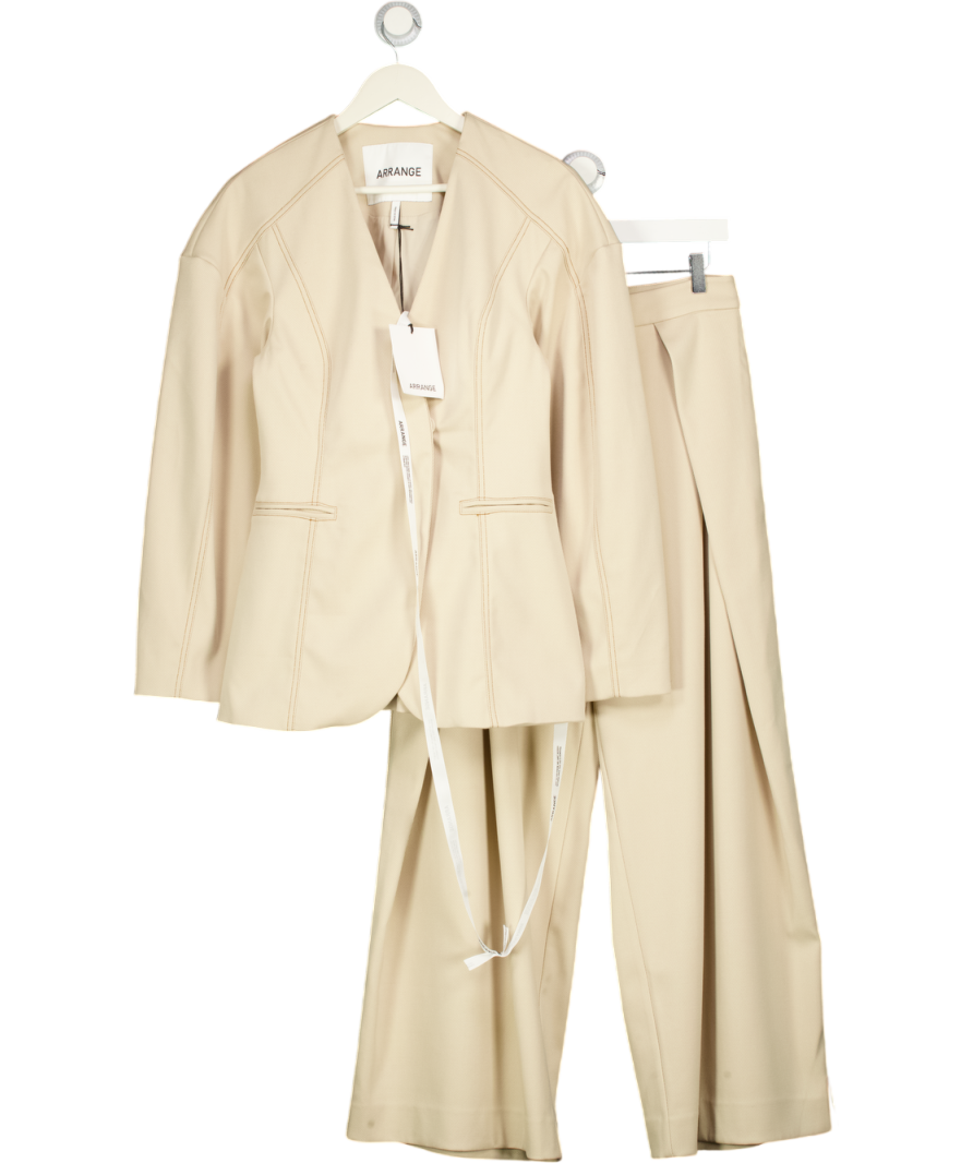 ARRANGE 2-piece Twill Sculpted Blazer And Wide Leg Trouser Co-ord In Stone Beige UK 10