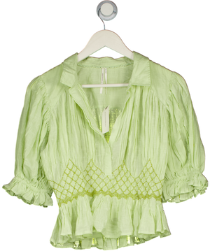 ANTHROPOLOGIE Mint Green Short-sleeve Embroidered Smocked Blouse UK M