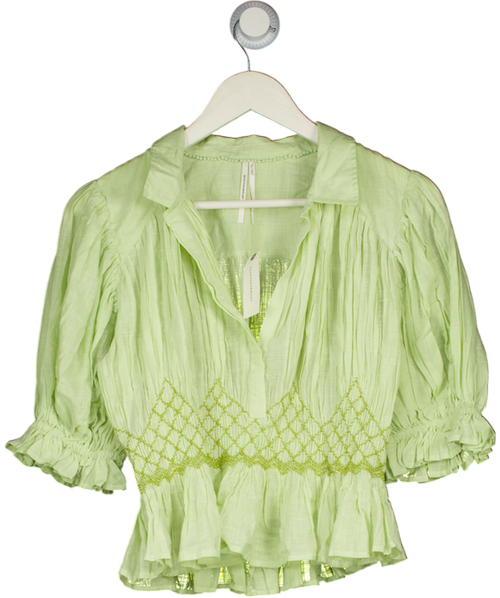 ANTHROPOLOGIE Mint Green Short-sleeve Embroidered Smocked Blouse UK M