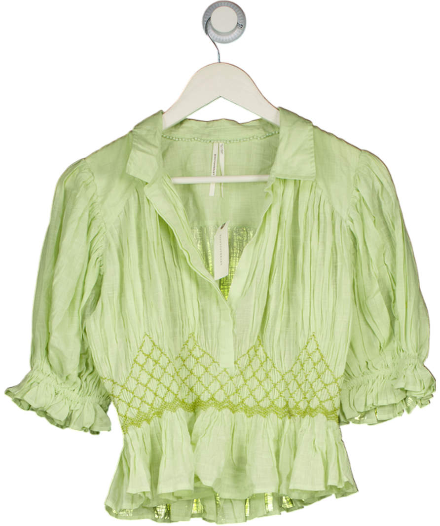 ANTHROPOLOGIE Mint Green Short-sleeve Embroidered Smocked Blouse UK M