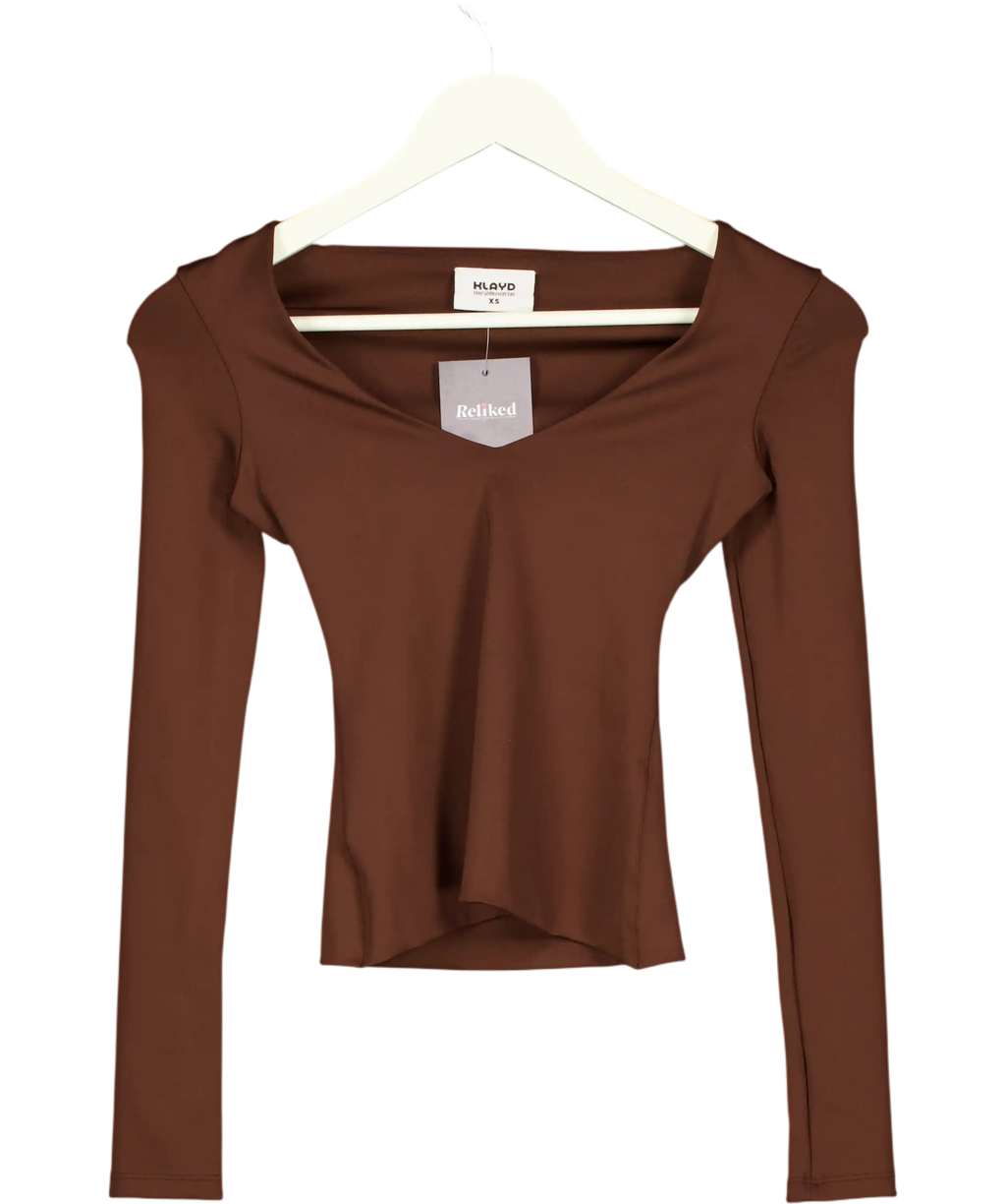 Klayd Brown Deep V Long Sleeve Top UK XS