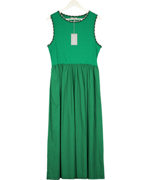 Oliver Bonas Green & Pink Crochet Trim Cotton Midi Dress UK 10