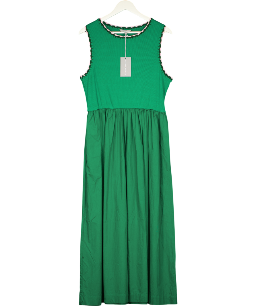 Oliver Bonas Green & Pink Crochet Trim Cotton Midi Dress UK 10