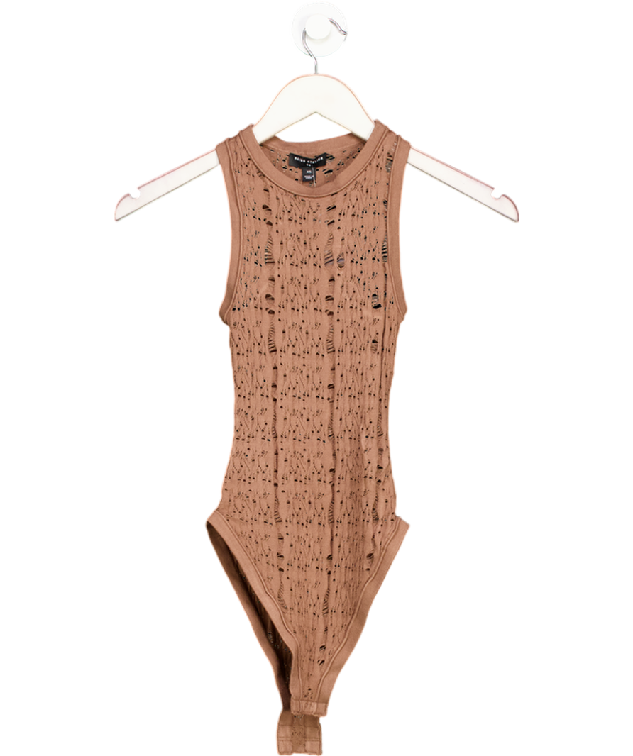REISS Francesca Atelier Lace-knit High-neck Bodysuit In Taupe Brown UK XS