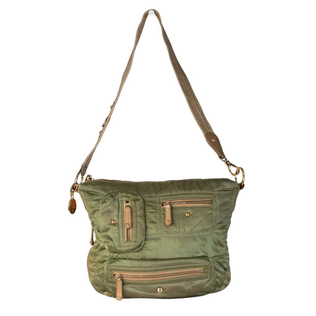 Tods Hunter Green Nylon & Brown Leather Trim Bag Handbag
