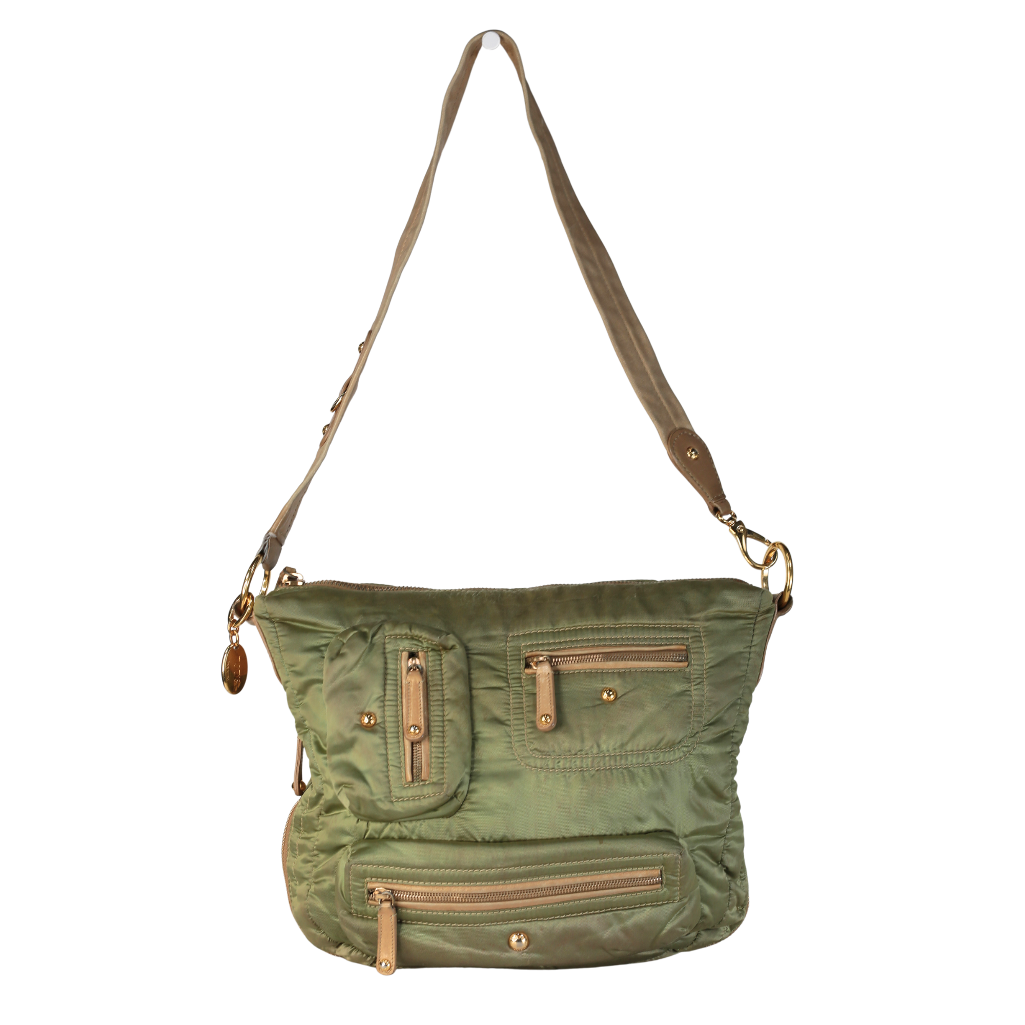 Tods Hunter Green Nylon & Brown Leather Trim Bag Handbag