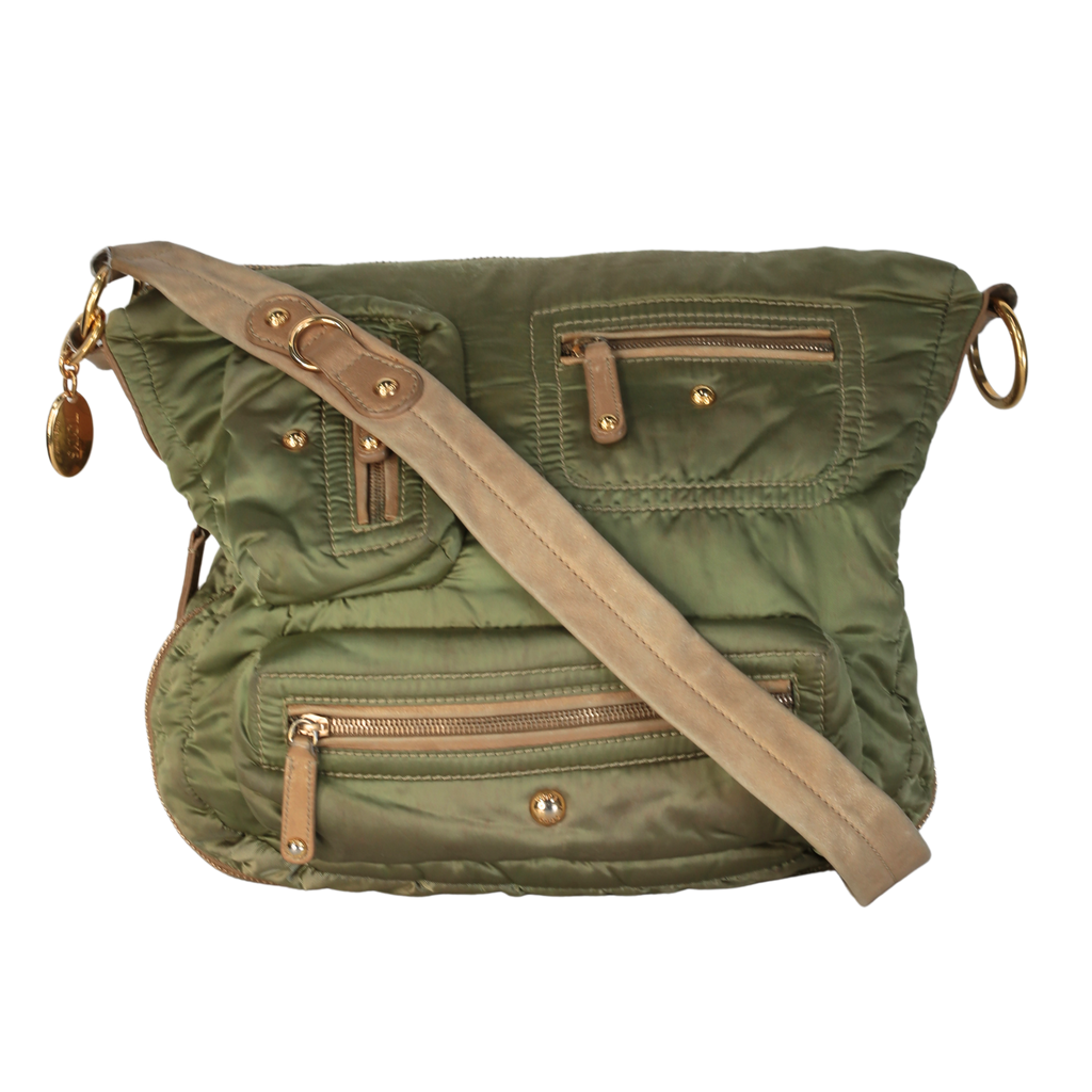 Tods Hunter Green Nylon & Brown Leather Trim Bag Handbag