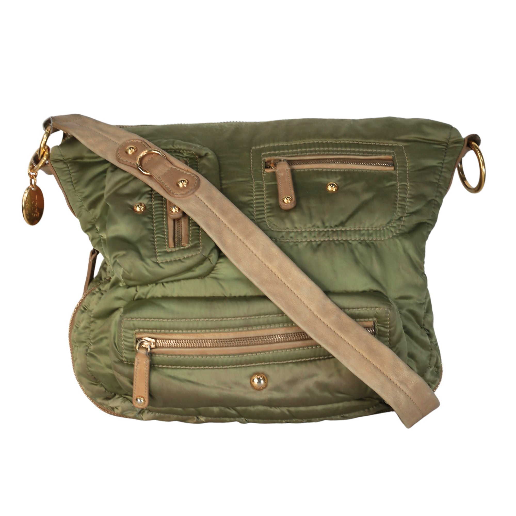 Tods Hunter Green Nylon & Brown Leather Trim Bag Handbag