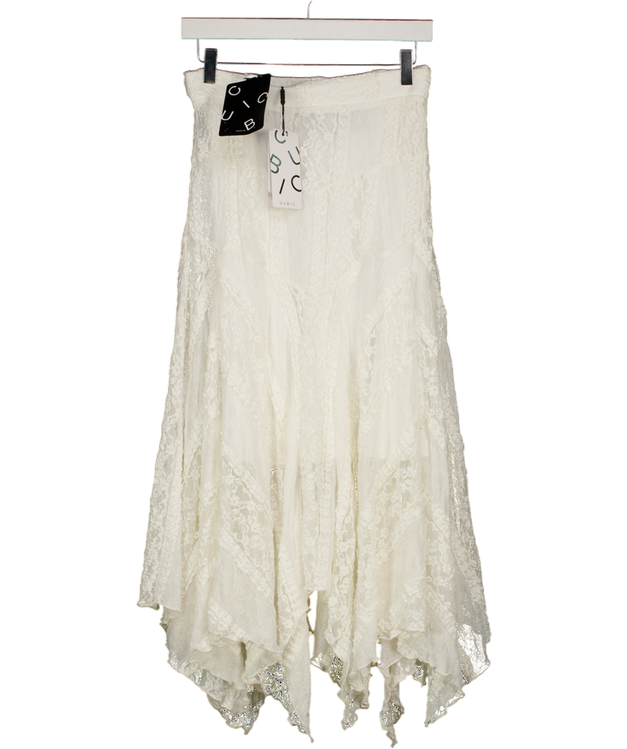 CUBIC LONDON Cream Asymmetrical Lace-embroidered Skirt UK S