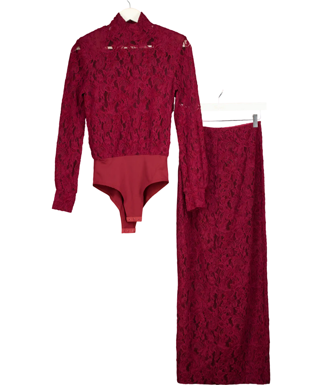 DE SAVARY LONDON 2-piece Burgundy Red Lace Bodysuit And Maxi Skirt Set UK XS/S
