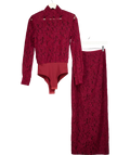 DE SAVARY LONDON 2-piece Burgundy Red Lace Bodysuit And Maxi Skirt Set UK XS/S